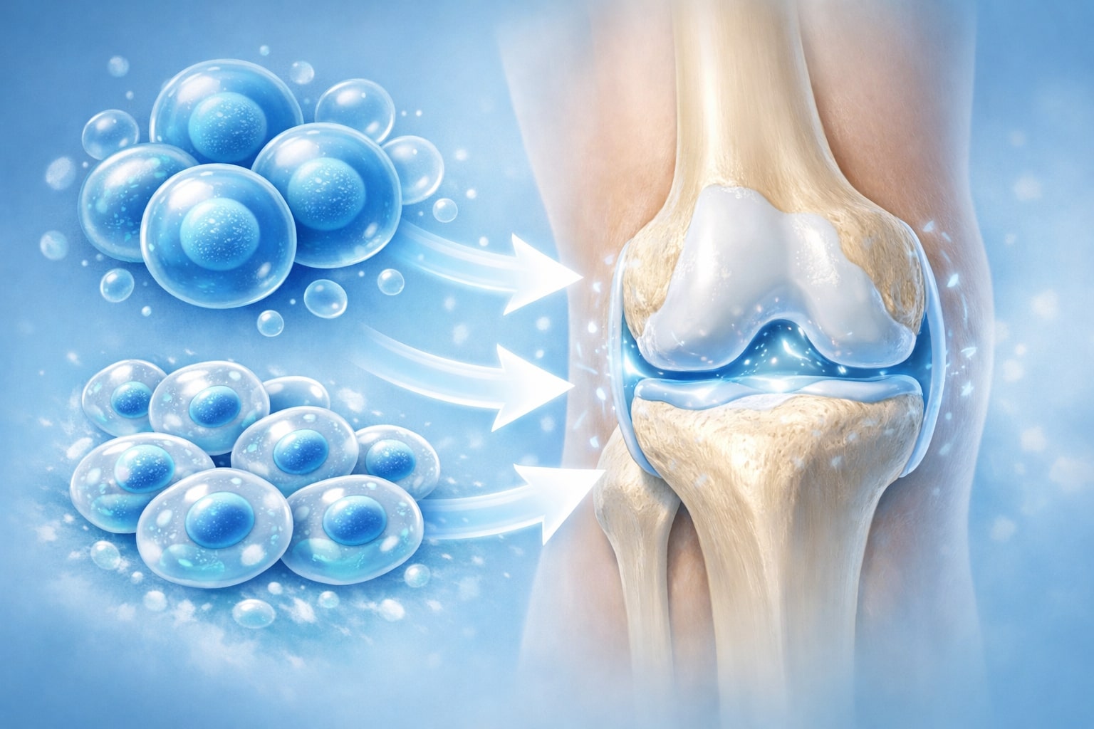 Ilustrasi stem cell yang berinteraksi dengan jaringan tulang rawan sendi lutut.
