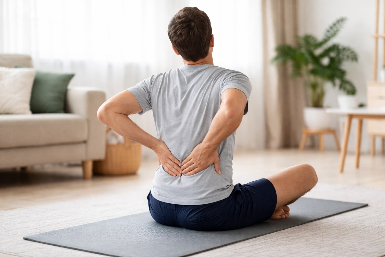 foto orang dewasa melakukan peregangan punggung bawah di rumah