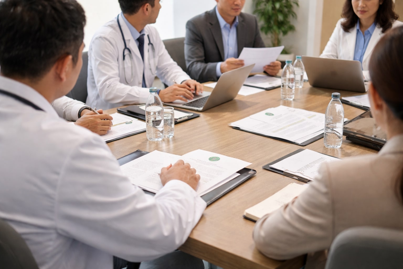 Suasana rapat antara dokter dan pejabat kesehatan membahas terapi sel punca dengan kamera mengambil dari belakang peserta tanpa menampilkan wajah