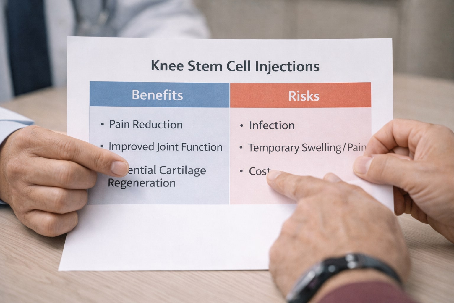 Dokter orthopaedi menjelaskan lembar penjelasan risiko dan manfaat terapi stem cell lutut kepada pasien
