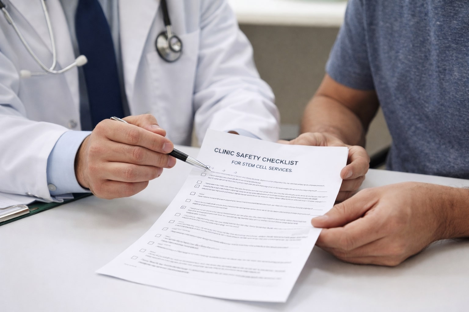 Close-up tangan dokter dan pasien di atas meja sedang melihat lembar checklist keamanan layanan stem cell tanpa menampilkan wajah