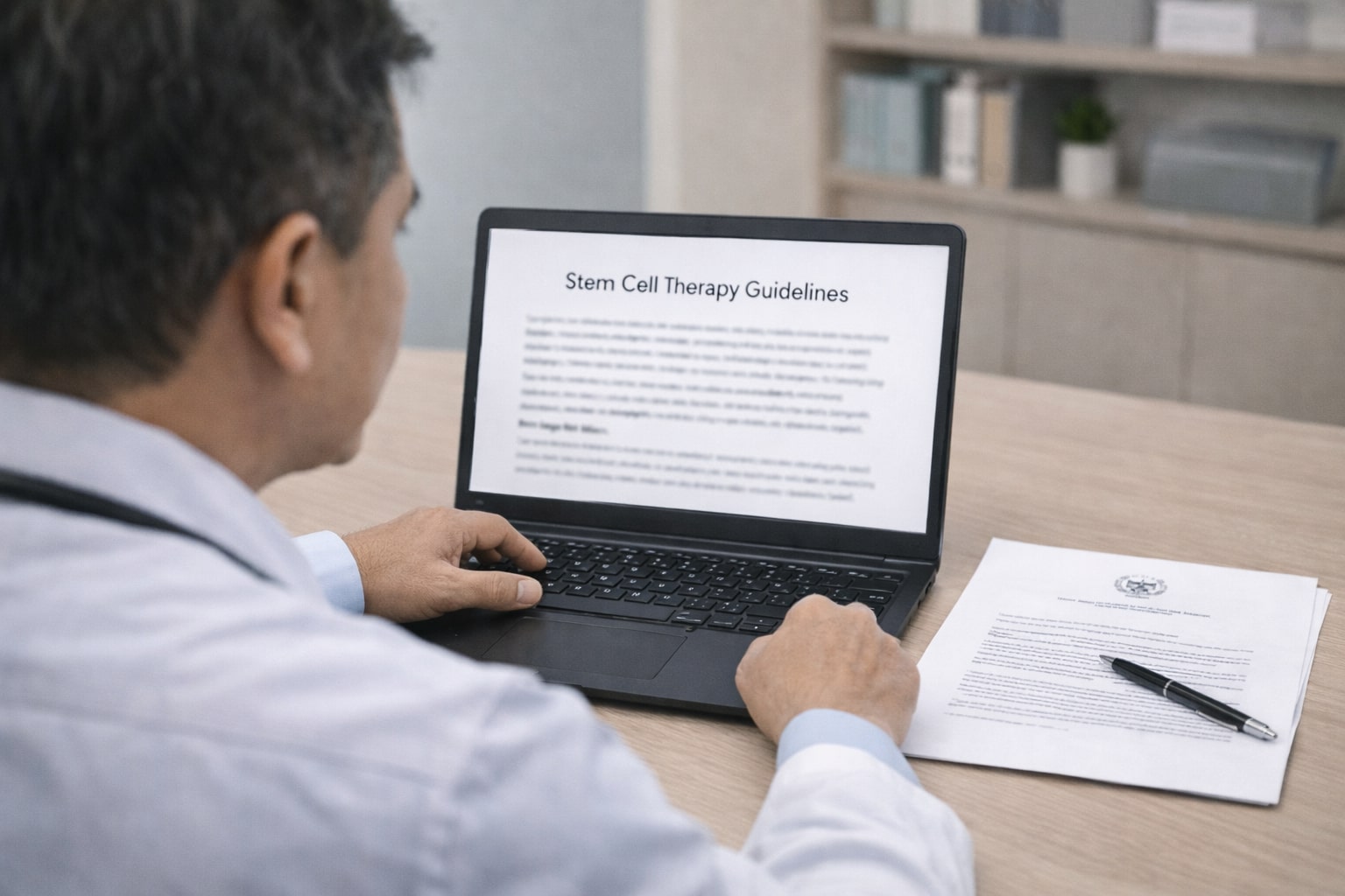 Dokter orthopaedi meninjau dokumen pedoman terapi sel punca di laptop dan kertas cetak