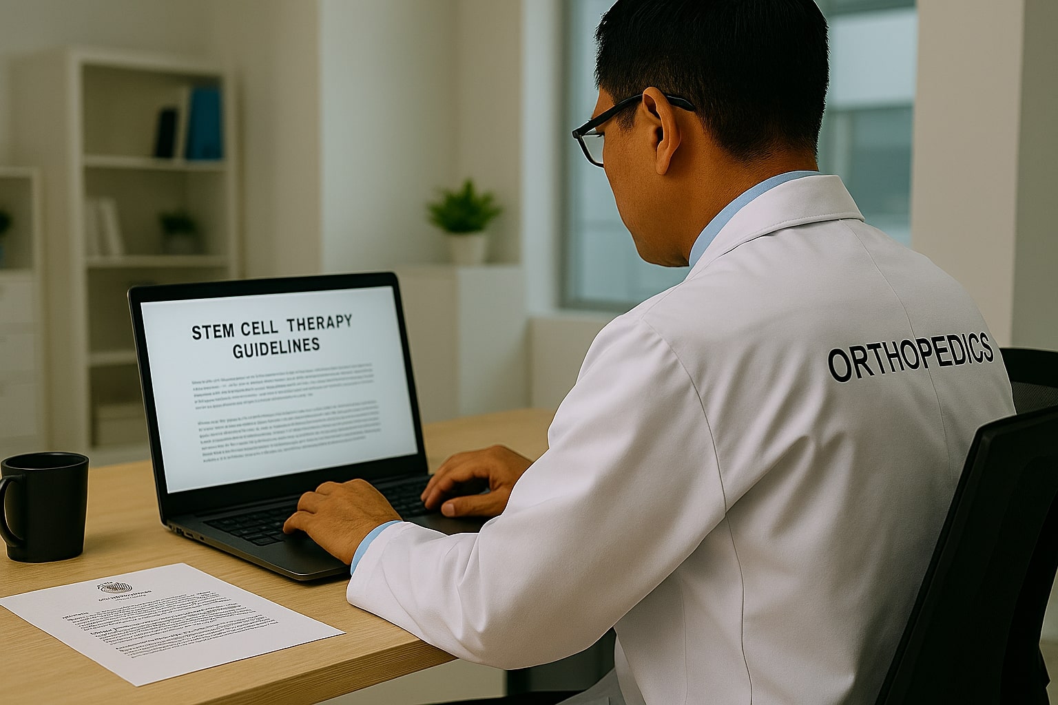 Dokter orthopaedi Indonesia meninjau dokumen pedoman terapi sel punca di laptop dan kertas cetak