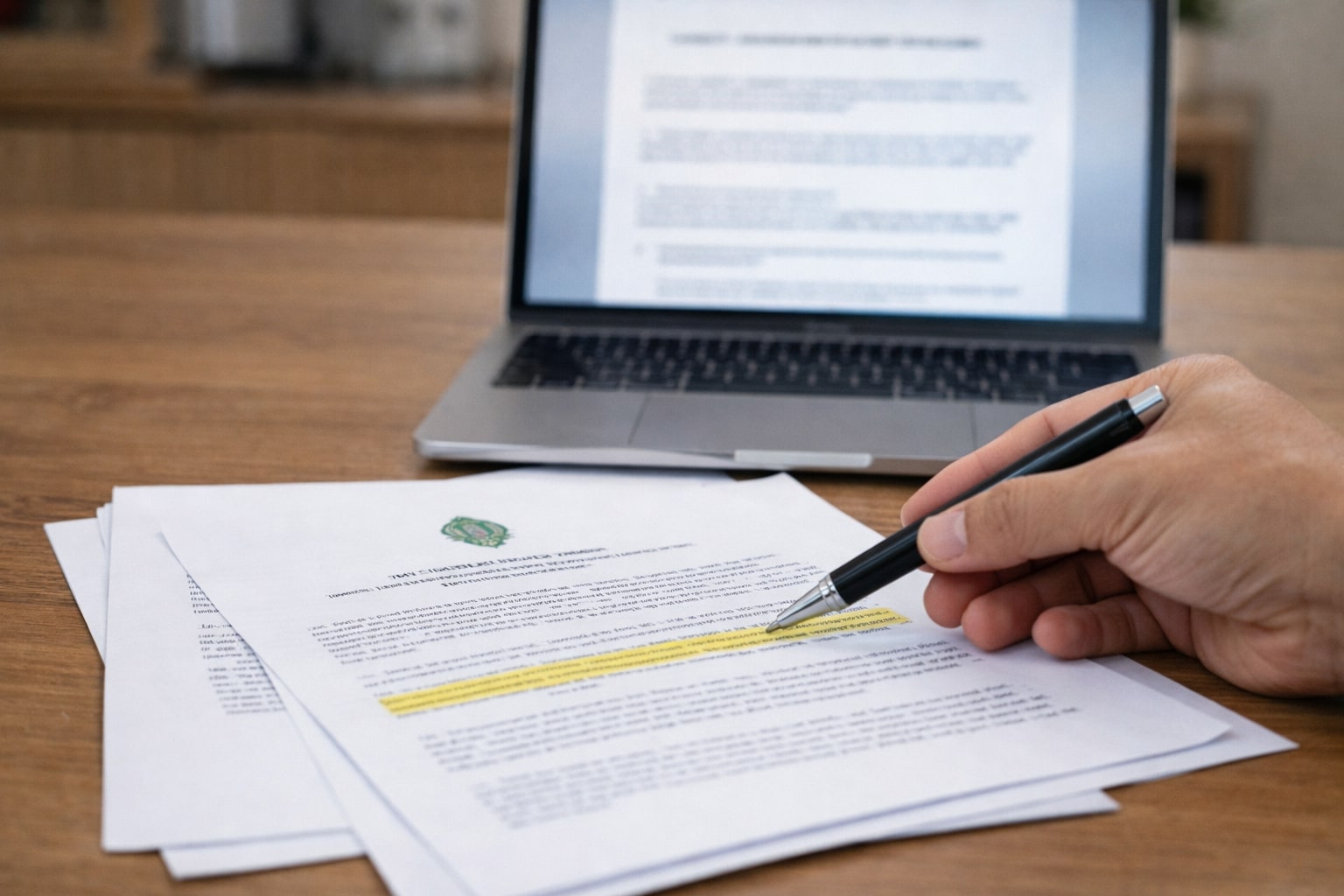 Tampilan dekat meja kerja dengan dokumen regulasi terapi sel punca, laptop, dan tangan yang menunjuk bagian penting