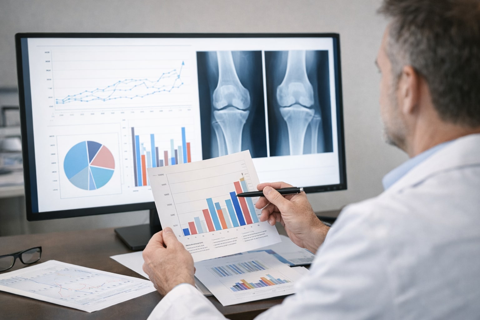 Ilustrasi beberapa indikasi penelitian stem cell ortopedi seperti lutut, tulang belakang, dan tulang yang retak.