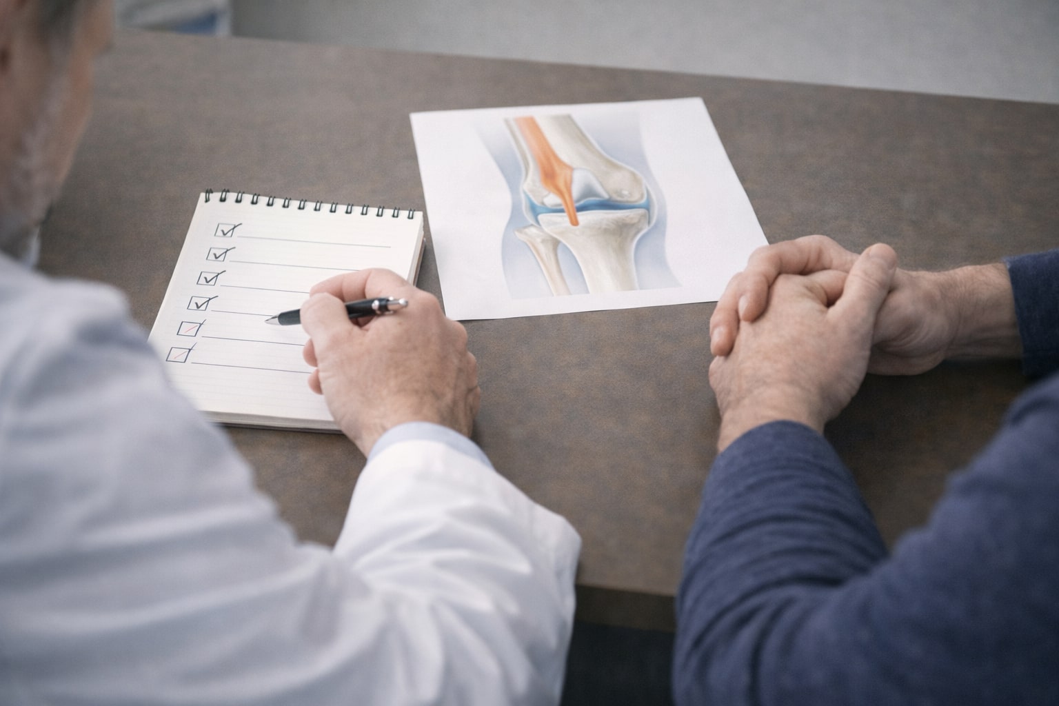 Tangan dokter ortopedi dan pasien berdiskusi di atas meja dengan diagram sendi lutut dan daftar pertanyaan tentang terapi stem cell.