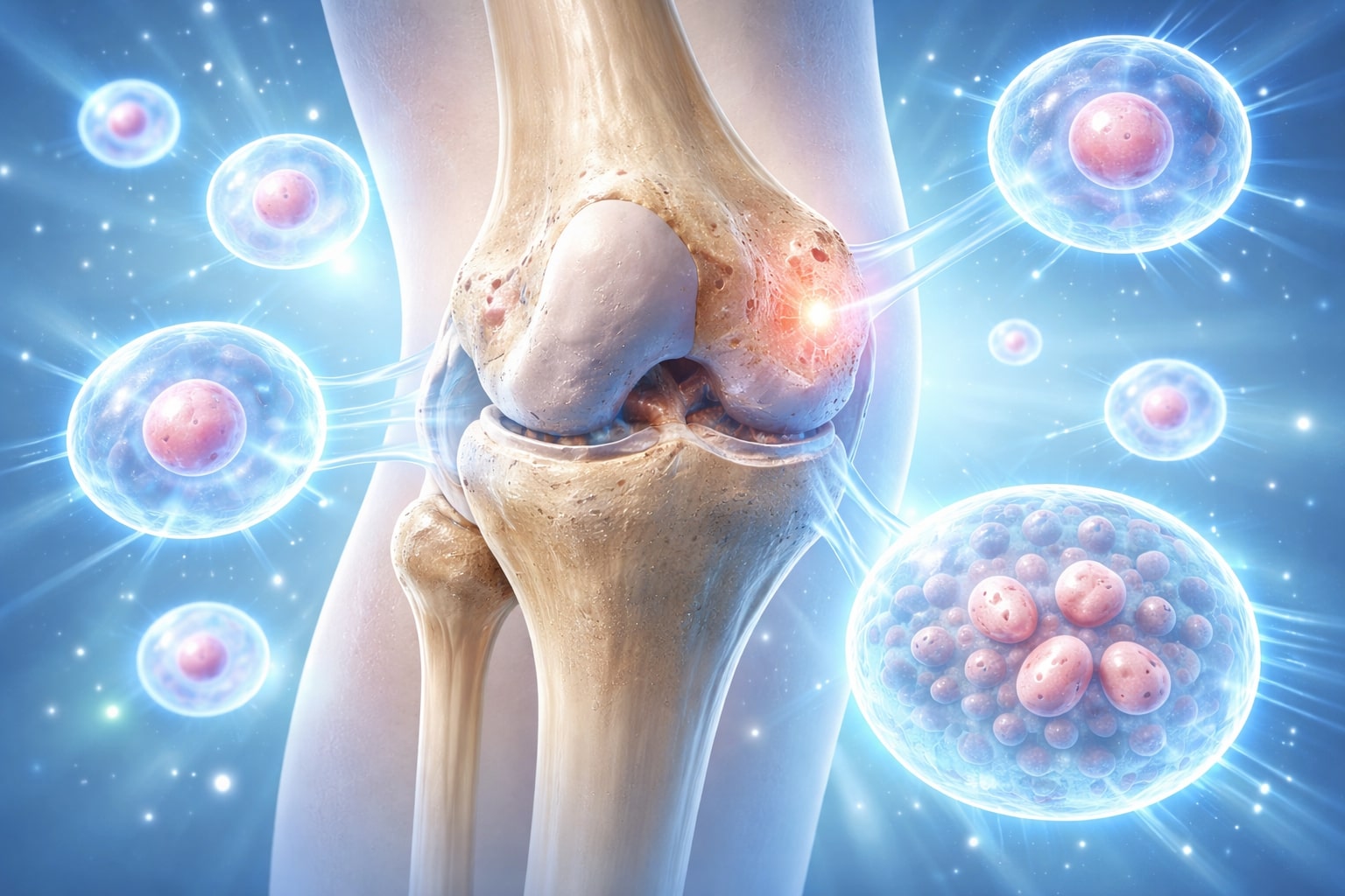 Ilustrasi mekanisme kerja stem cell yang mengirim sinyal regeneratif pada sendi lutut.