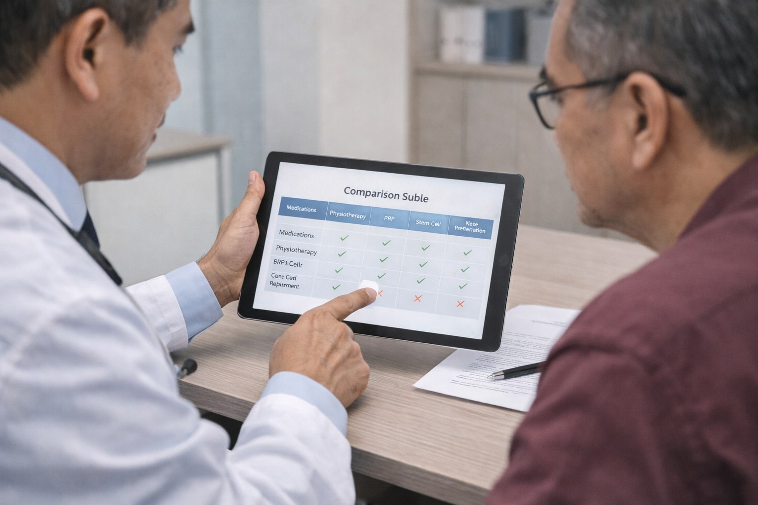 Dokter orthopaedi menjelaskan tabel perbandingan obat, fisioterapi, PRP, stem cell, dan operasi penggantian lutut kepada pasien