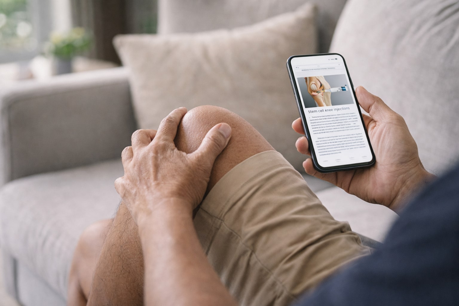 Orang paruh baya memegang lutut yang nyeri sambil melihat informasi tentang terapi stem cell lutut di ponsel