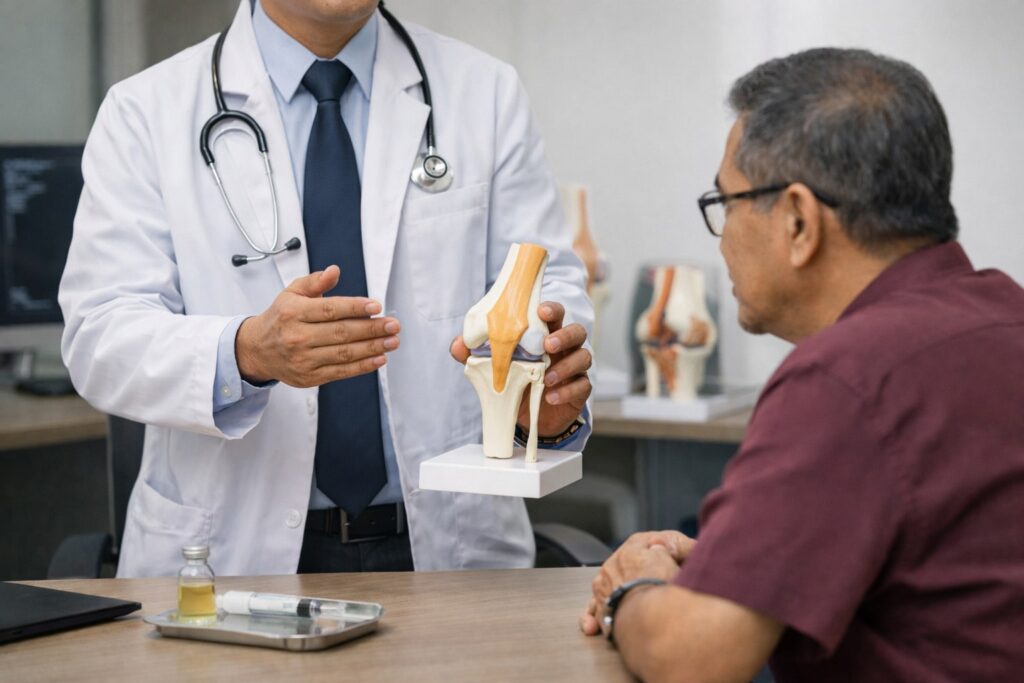 Orang paruh baya memegang lutut yang nyeri sambil melihat informasi tentang terapi stem cell lutut di ponsel