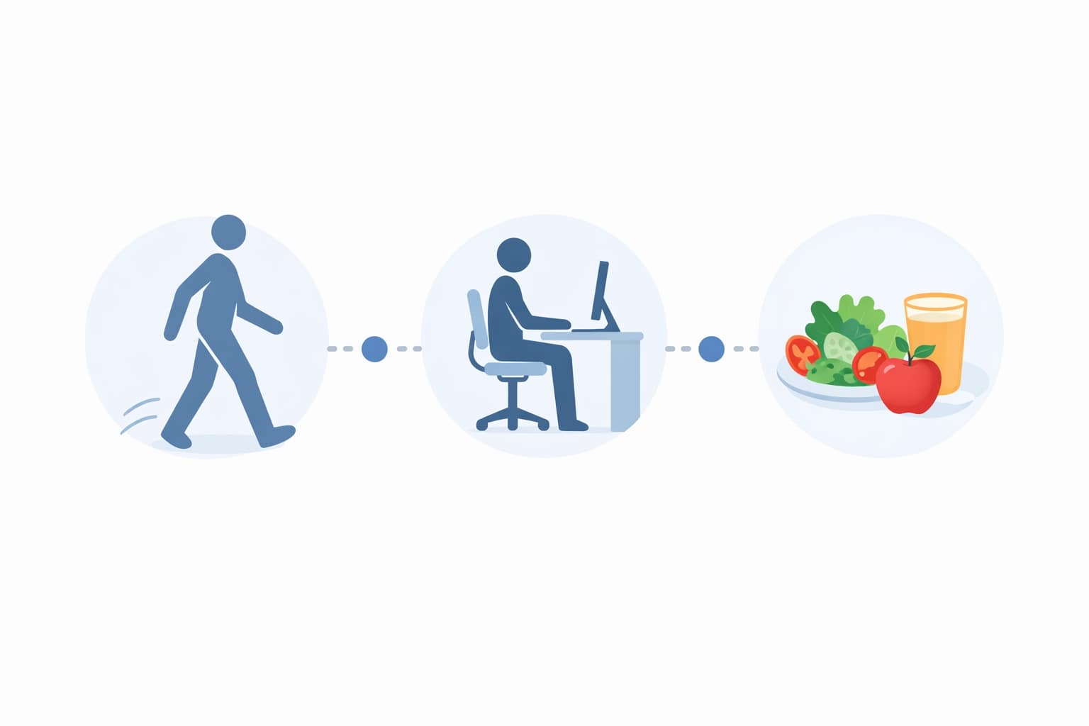 ilustrasi kebiasaan sehat seperti berjalan, duduk ergonomis, dan makan sehat untuk mencegah nyeri punggung