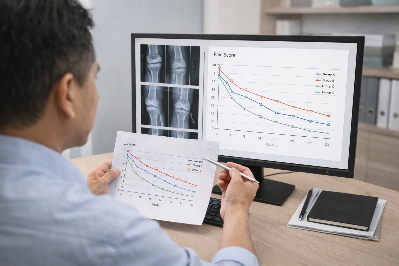 Peneliti orthopaedi melihat grafik nyeri dan fungsi lutut dari uji klinis terapi stem cell di layar komputer