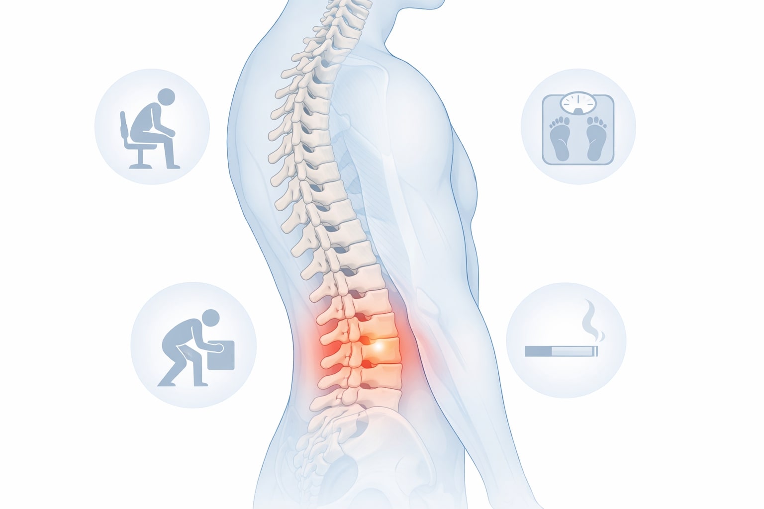 ilustrasi tulang belakang dengan ikon postur, beban berat, dan faktor risiko lain