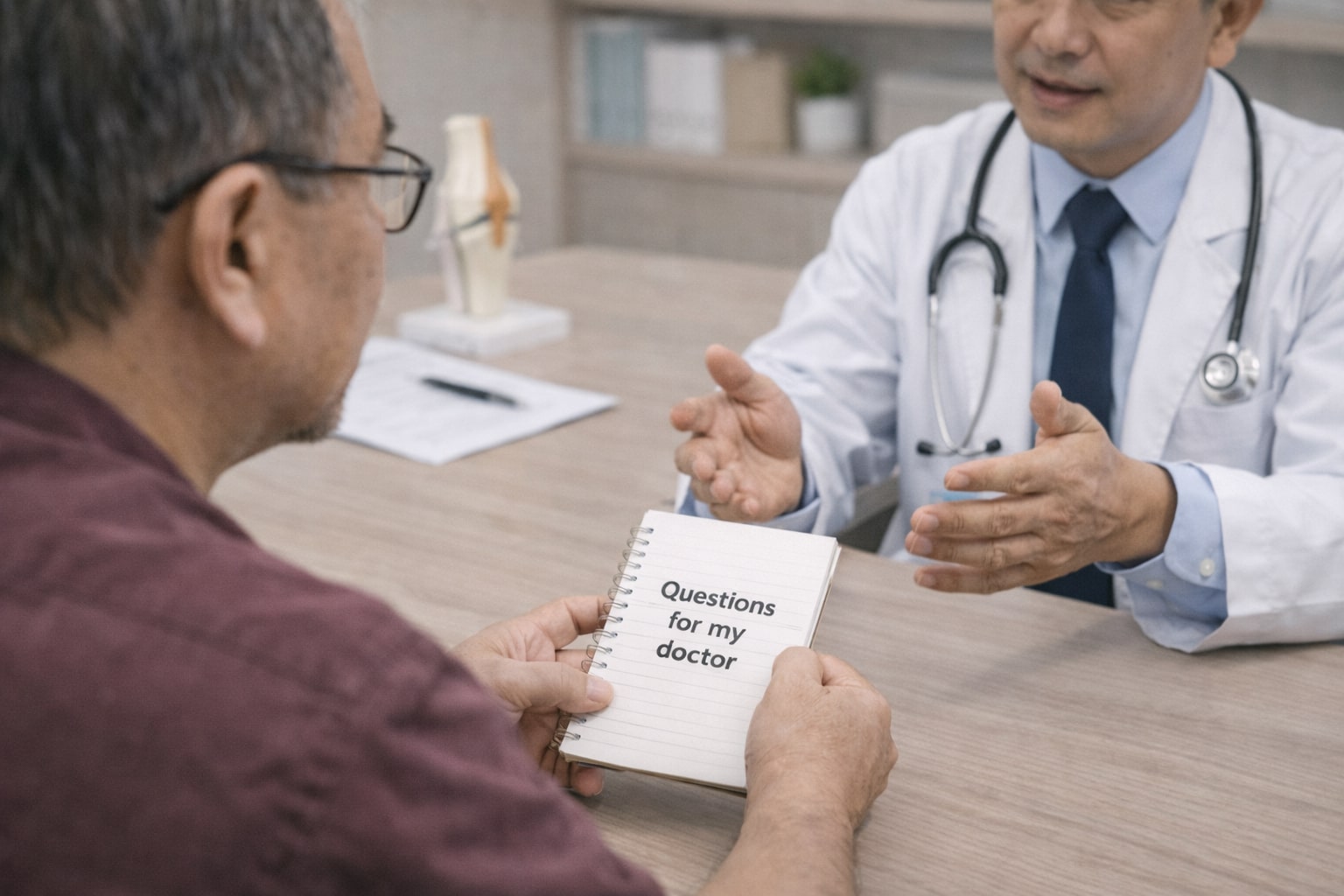 Pasien membawa buku catatan berisi daftar pertanyaan untuk dokter orthopaedi sebelum terapi stem cell lutut