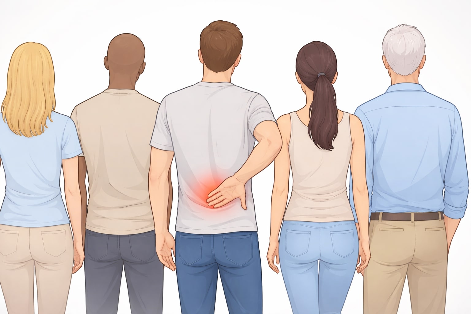 ilustrasi beberapa orang dewasa dengan salah satunya memegang punggung bawah
