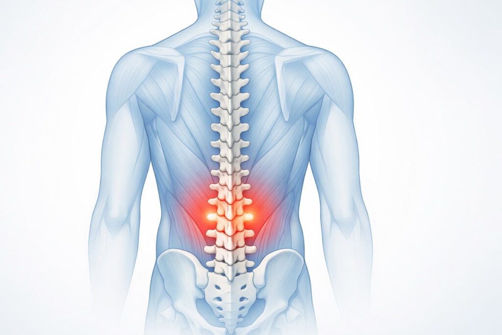 ilustrasi medis tulang belakang dan area pinggang yang sering terasa pegal
