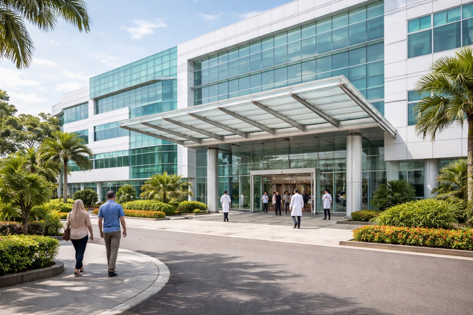 Tampak depan rumah sakit modern di Indonesia dengan orang berlalu-lalang dari kejauhan tanpa wajah terlihat jelas