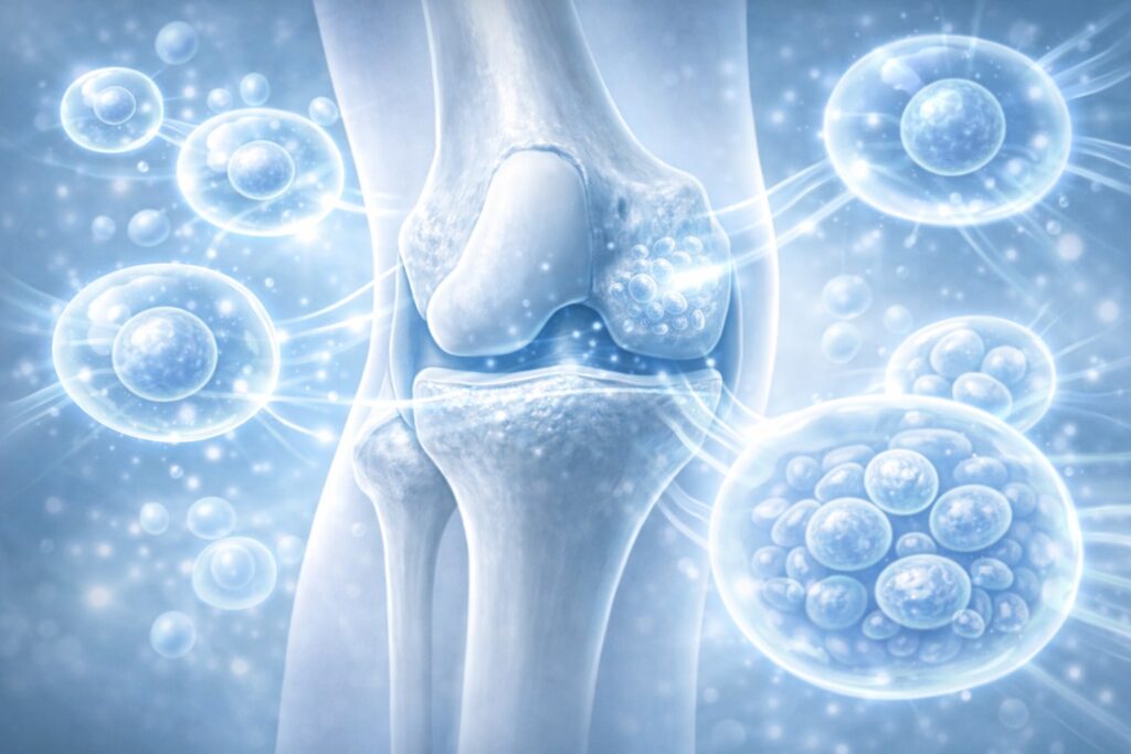 Dokter ortopedi menjelaskan konsep stem cell pada sendi lutut dan tulang belakang kepada pasien.