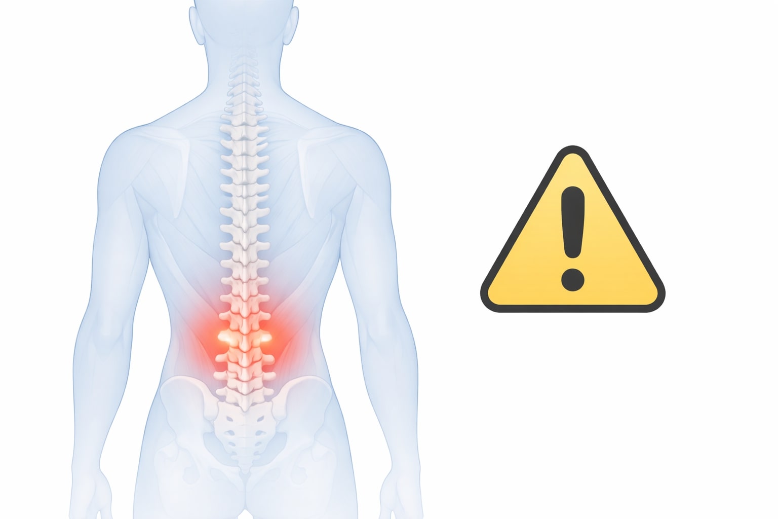 ilustrasi tulang belakang dengan area nyeri ditandai warna merah dan ikon peringatan