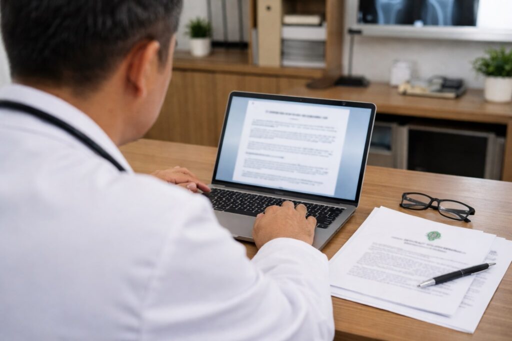 Tampak belakang dokter orthopaedi Indonesia di ruang kantor rumah sakit sedang membaca pedoman terapi sel punca di laptop dan dokumen cetak