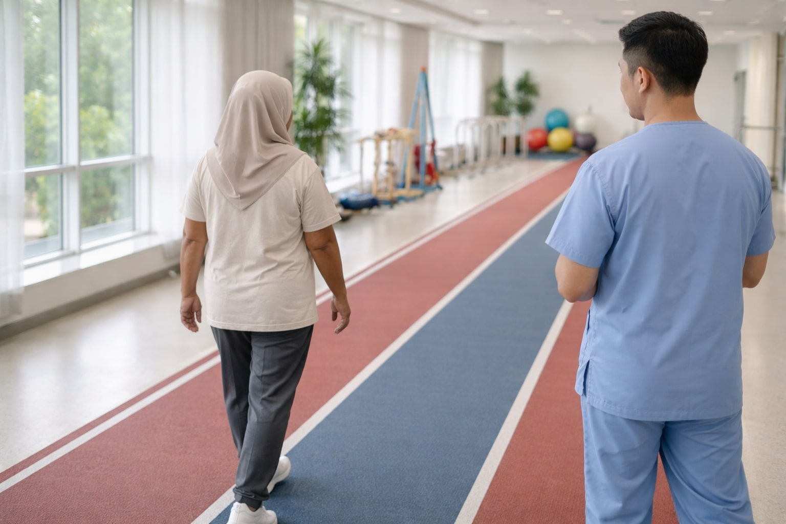 ilustrasi penderita osteoporosis tulang belakang berjalan didampingi tenaga kesehatan