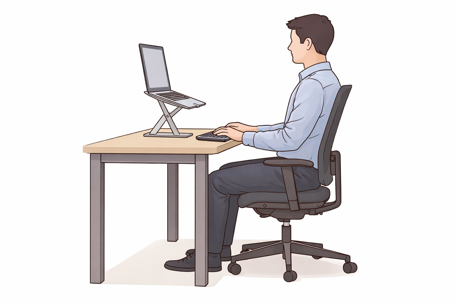 ilustrasi pengaturan meja, kursi, dan laptop yang ergonomis