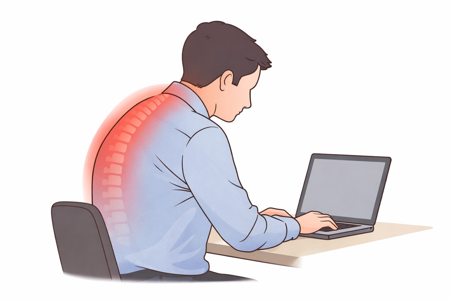 ilustrasi postur duduk membungkuk dan kepala maju saat bekerja di depan laptop