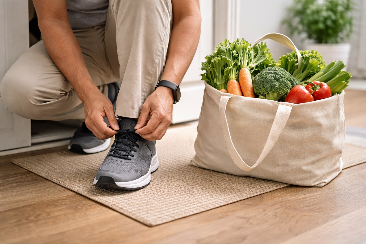 seseorang bersiap berjalan dan berbelanja sehat sebagai langkah pencegahan osteoporosis