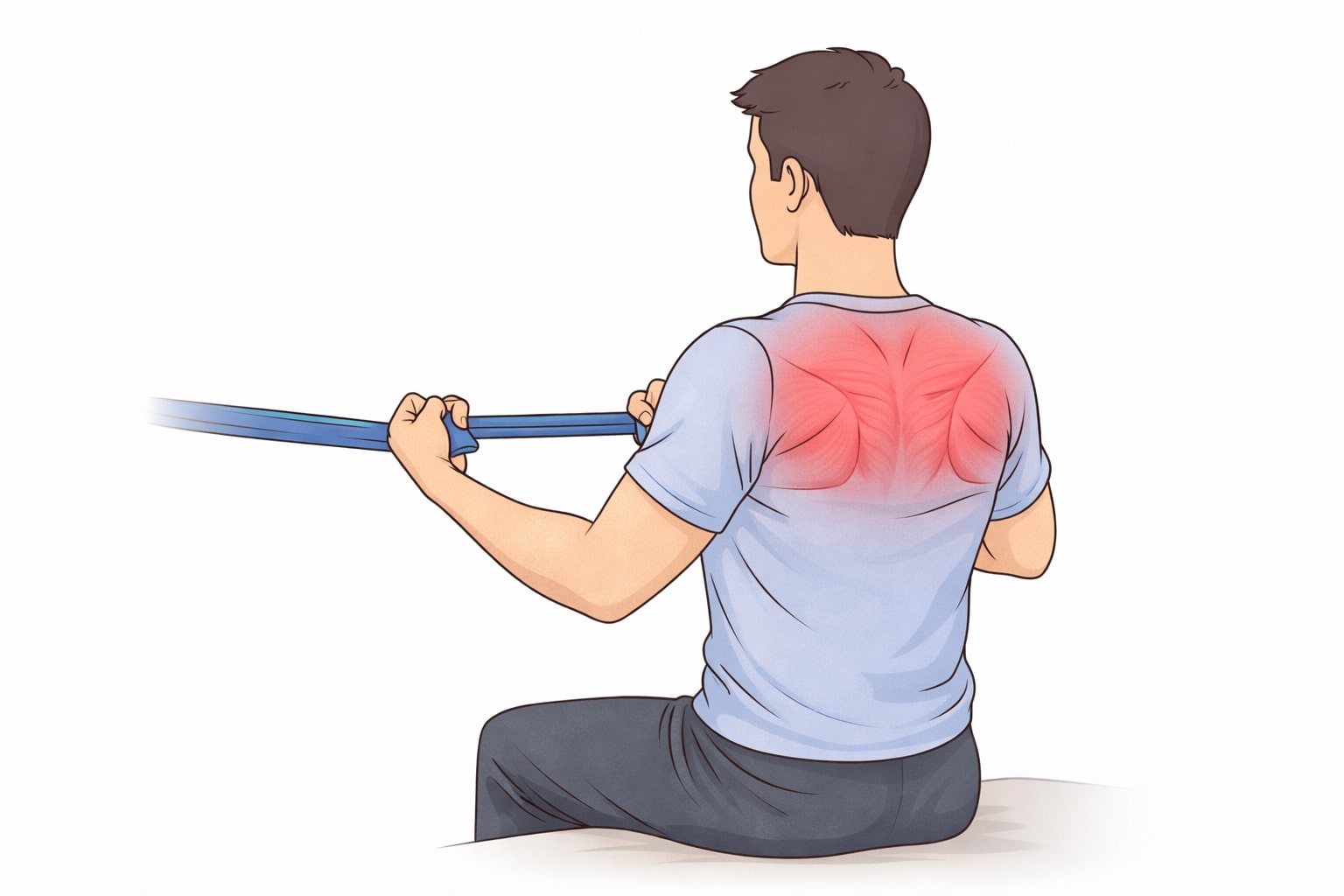 ilustrasi latihan penguatan punggung atas dengan karet elastis