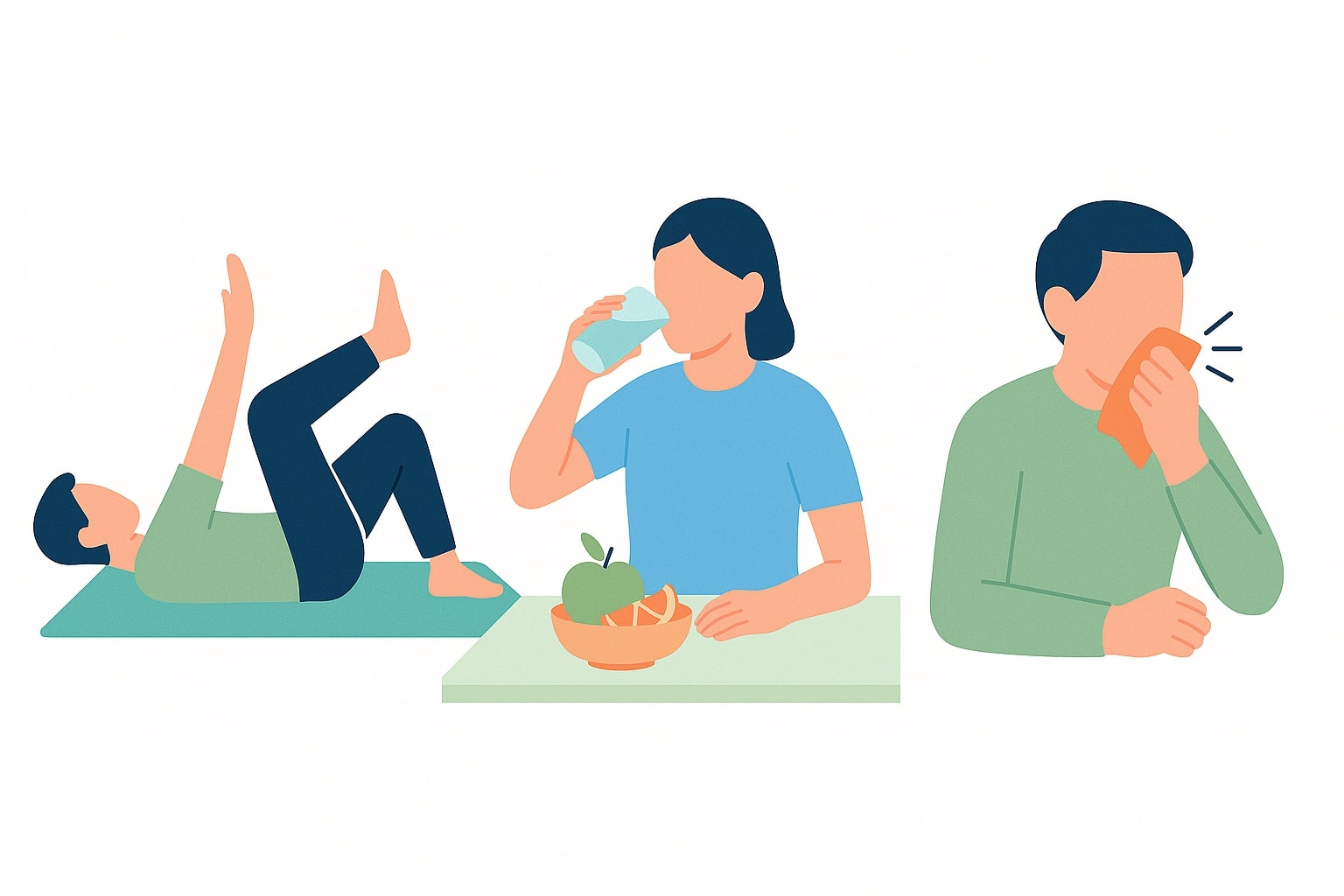 Ilustrasi tiga langkah pencegahan nyeri pinggang: latihan inti, menjaga asupan cairan dan serat, serta etika batuk yang baik.