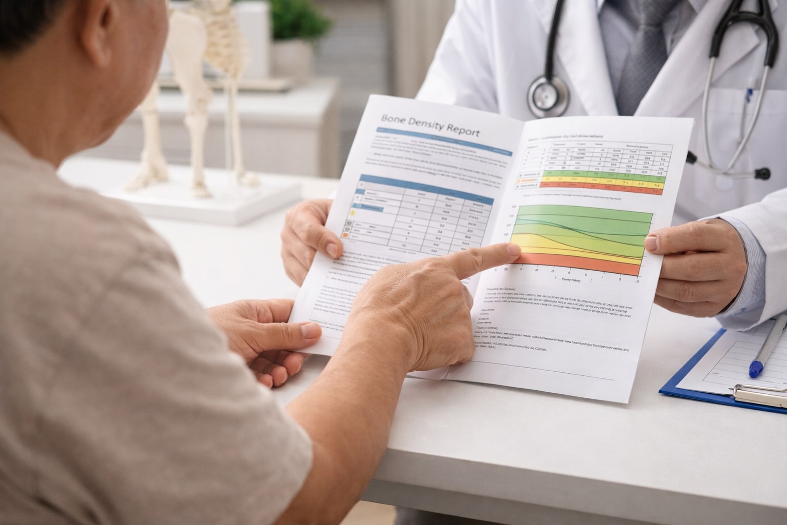 dokter menjelaskan hasil pemeriksaan kepadatan tulang kepada pasien