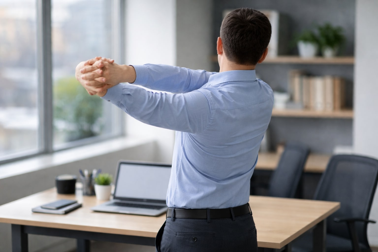 foto pekerja melakukan peregangan punggung atas di sela jam kerja
