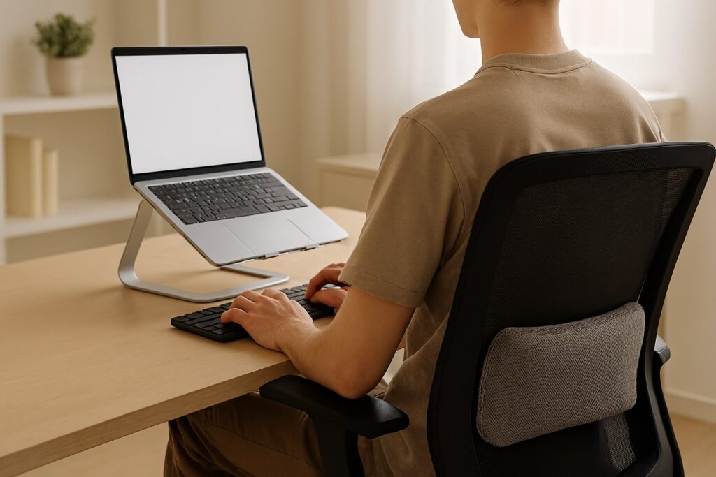 Workstation ergonomis dengan dukungan pinggang untuk membantu mengurangi nyeri saat duduk lama.