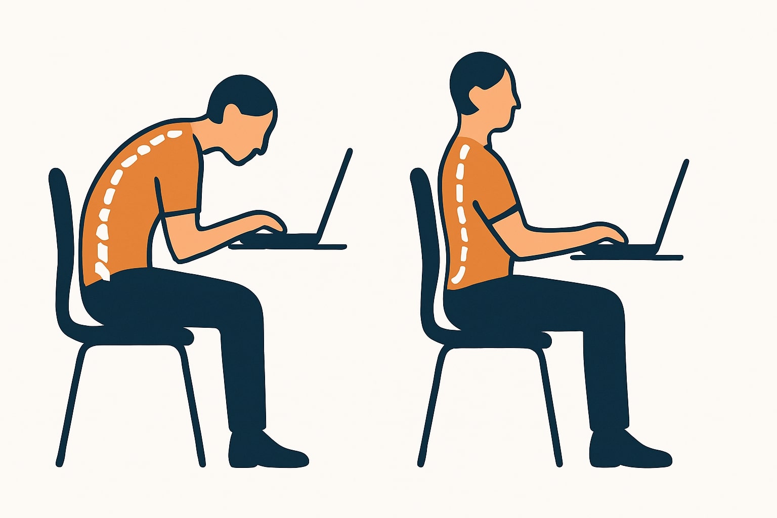 Orang duduk membungkuk di kursi kerja sambil memegang pinggang bawah.