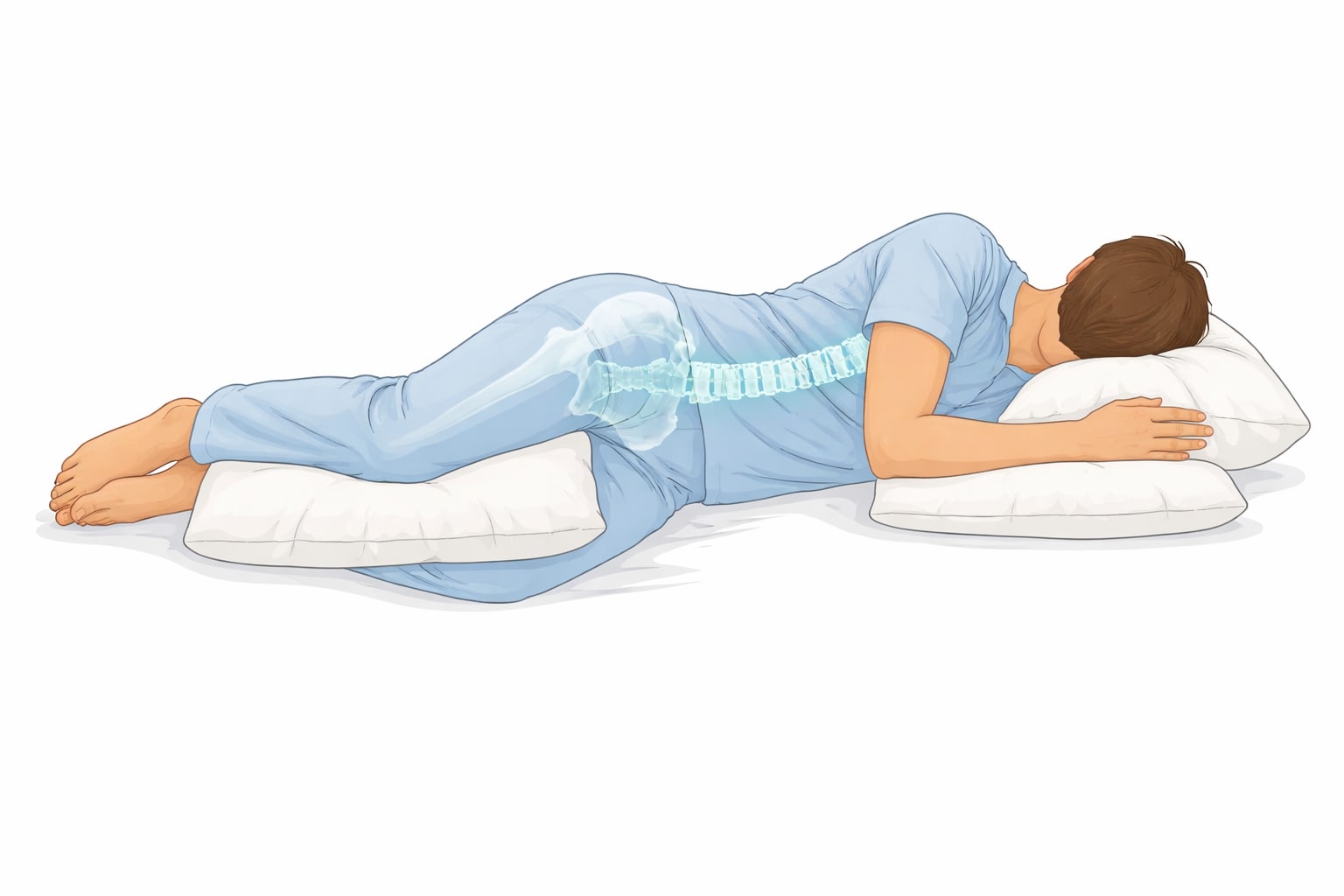 ilustrasi posisi tidur miring dengan bantal di antara lutut untuk menjaga posisi tulang belakang