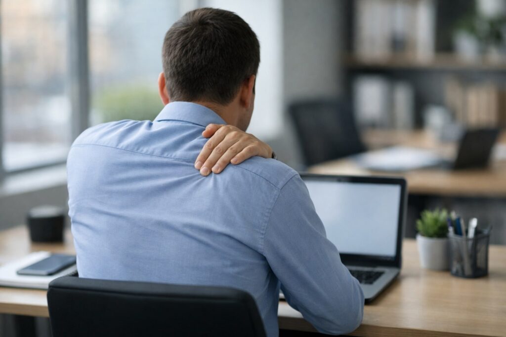 foto pekerja kantoran memegang punggung atas yang pegal saat bekerja di depan laptop