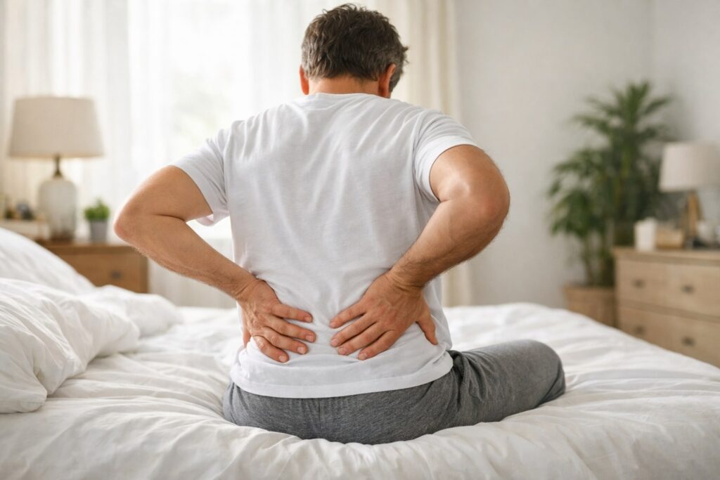 foto orang dewasa memegang punggung yang sakit saat bangun dari tempat tidur