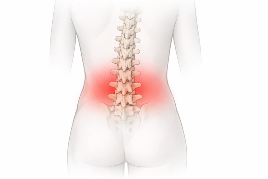 Ilustrasi tulang belakang lumbar dengan area pinggang disorot menandakan nyeri pinggang kambuh.