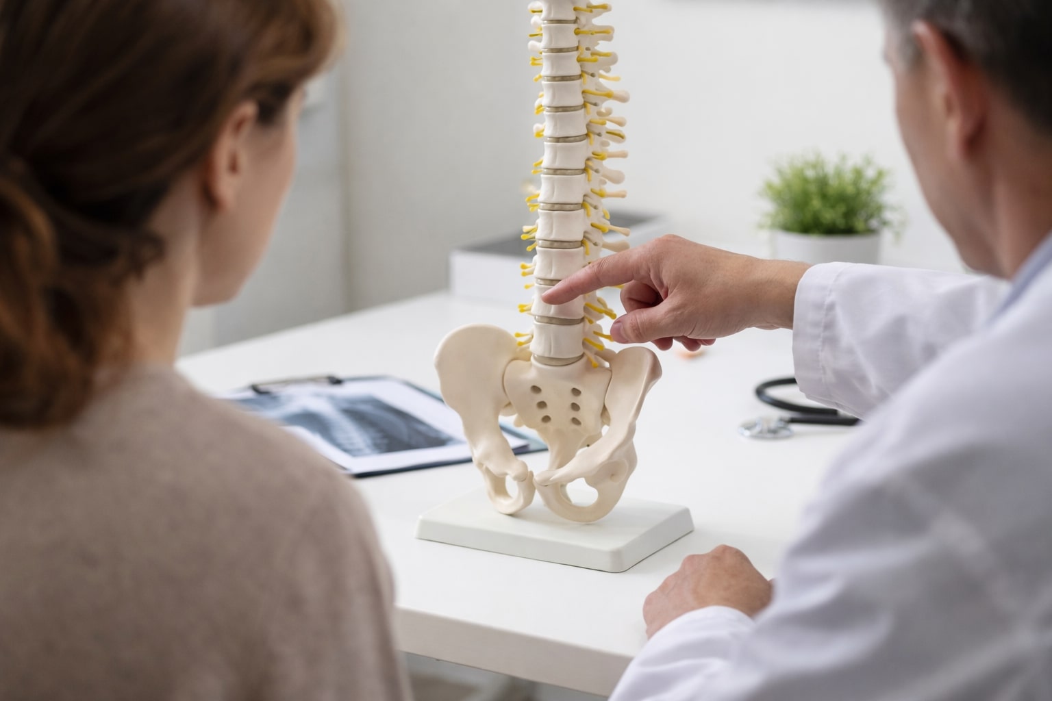 Dokter ortopedi menunjuk model tulang belakang saat menjelaskan kepada pasien di ruang konsultasi.