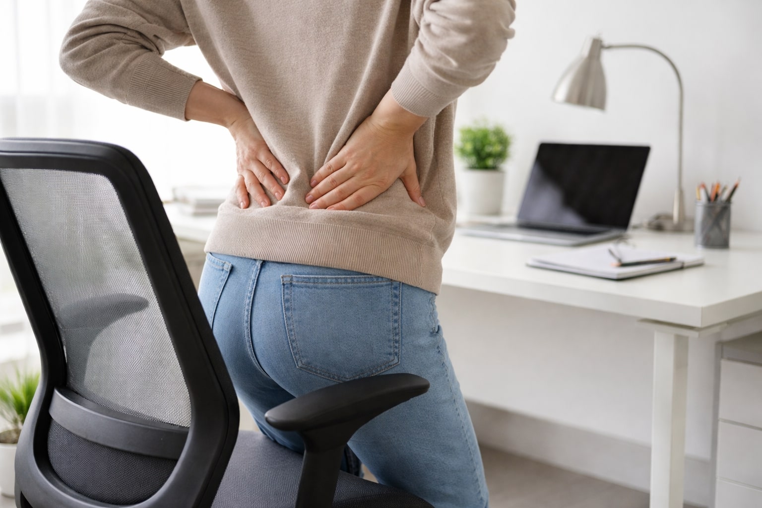 Pria memegang pinggang bawah saat berdiri dari kursi, menggambarkan sakit pinggang yang sering kambuh.