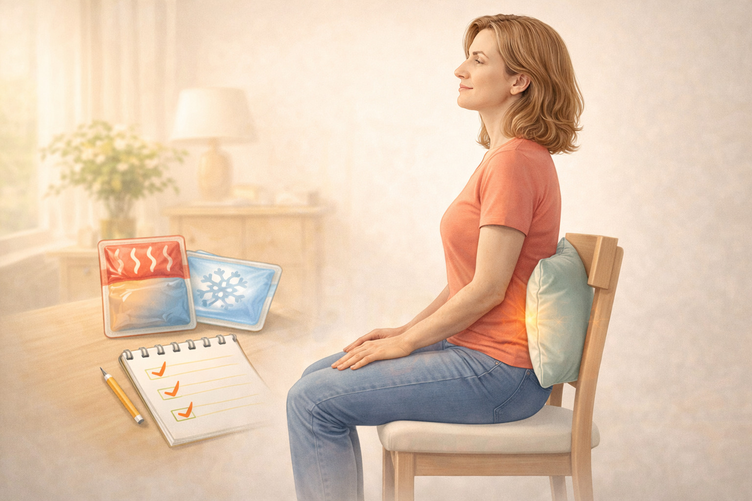 Seseorang duduk dengan posisi duduk yang baik, ada bantal penyangga pinggang dan kompres di meja kecil.