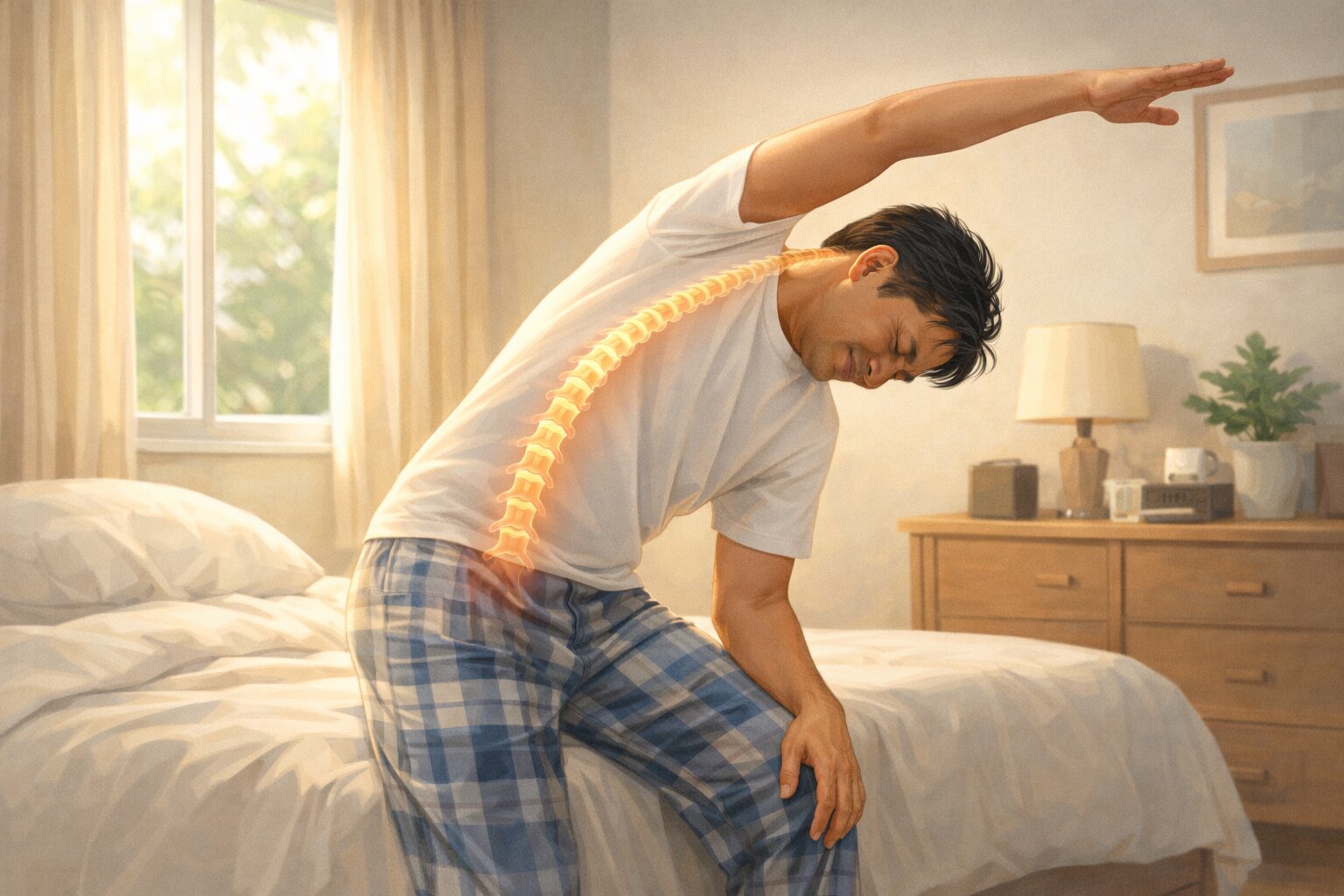 Orang melakukan peregangan pagi untuk mengurangi nyeri punggung setelah bangun tidur
