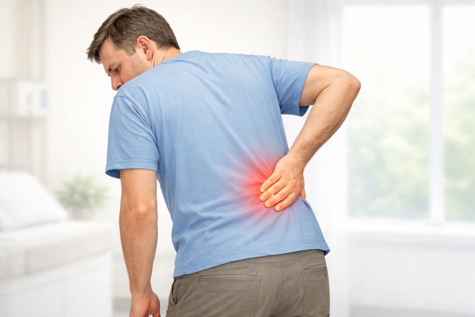 Seseorang memegang satu titik nyeri terlokalisasi di pinggang bawah tanpa nyeri menjalar ke kaki.