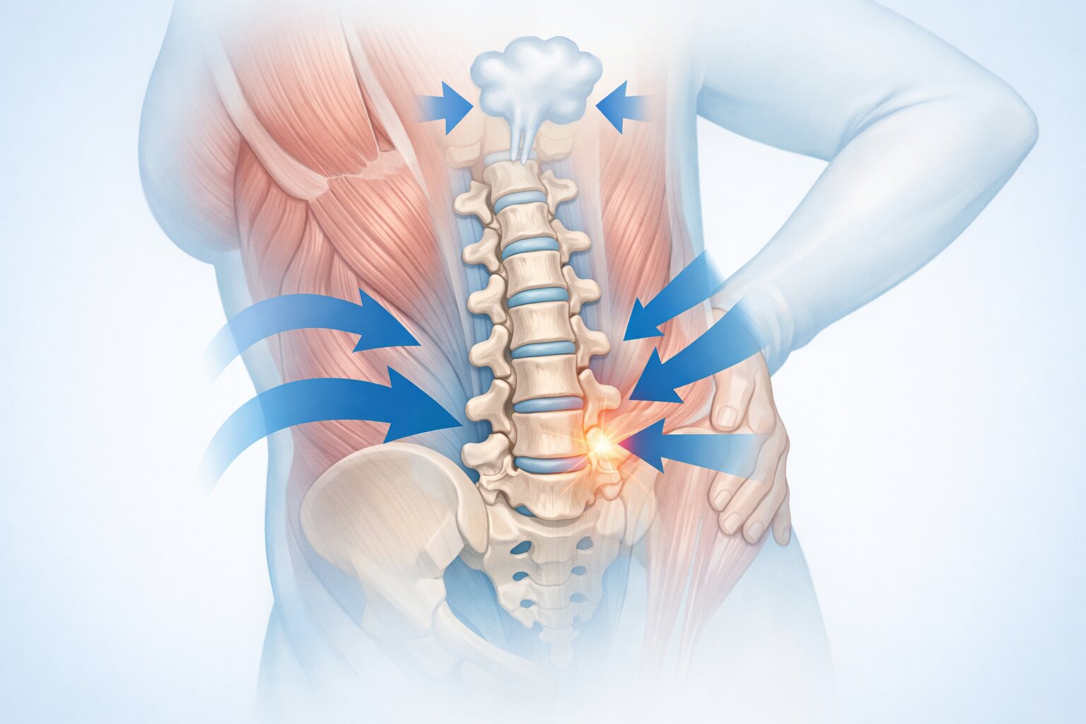 Ilustrasi anatomi pinggang bawah dengan tekanan dari rongga perut saat batuk.