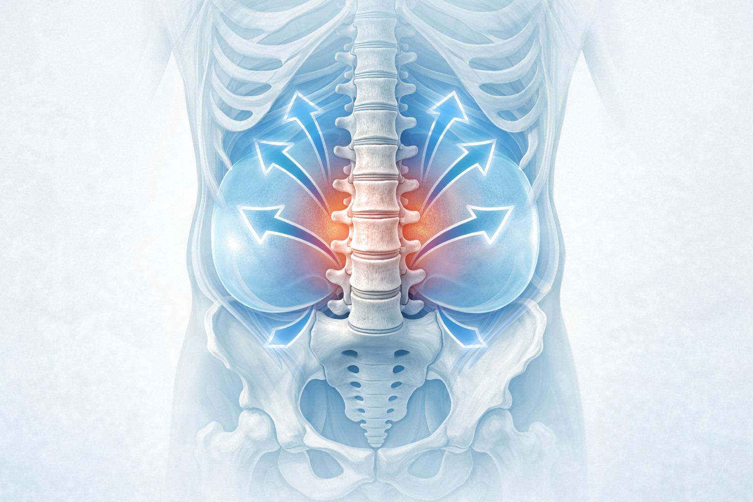 Ilustrasi anatomi tulang belakang lumbal dengan tekanan dari rongga perut saat batuk.