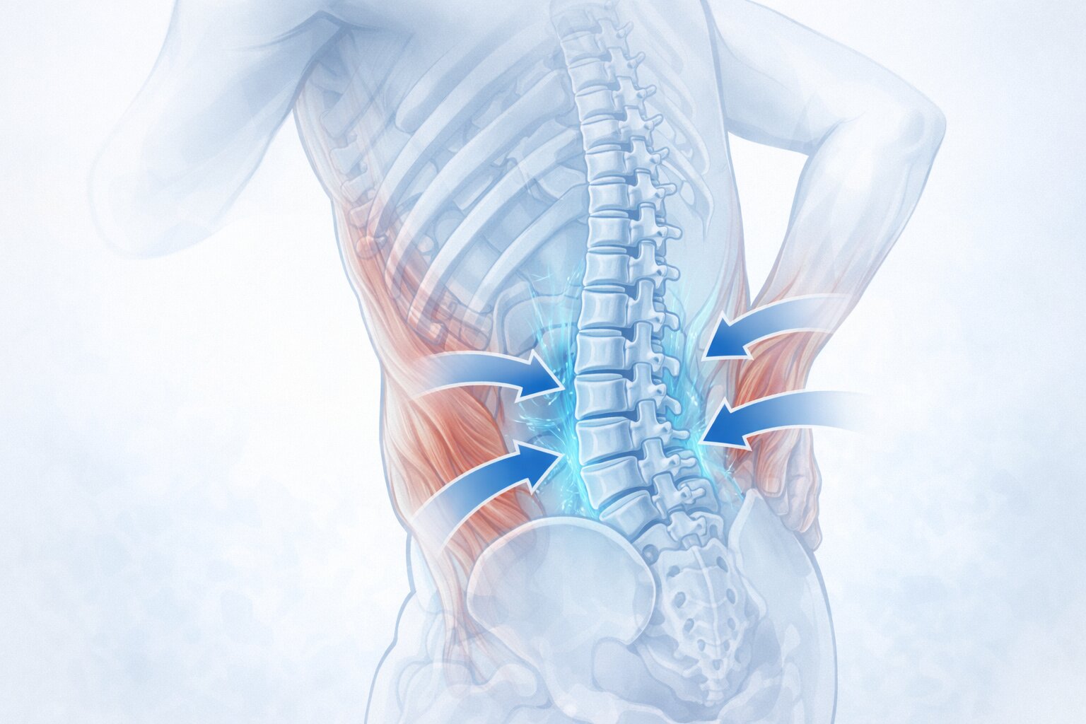 Ilustrasi anatomi tulang belakang lumbal dan otot sekitar yang mendapat tekanan saat batuk.