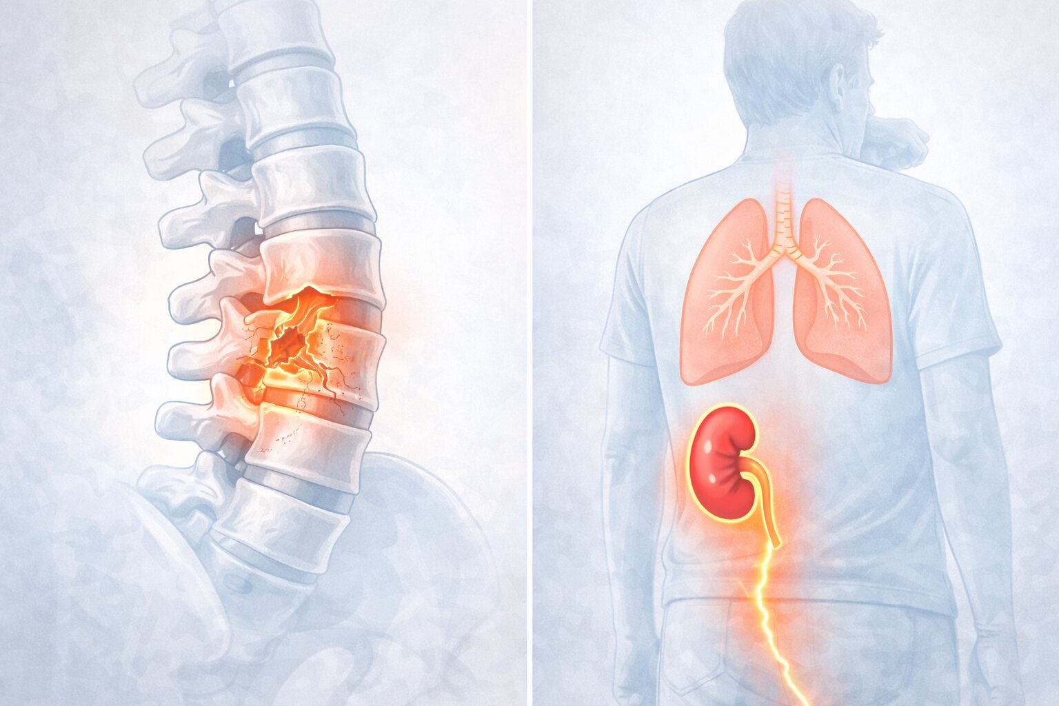 Ilustrasi tulang belakang, ginjal, dan paru yang menggambarkan berbagai sumber nyeri pinggang.