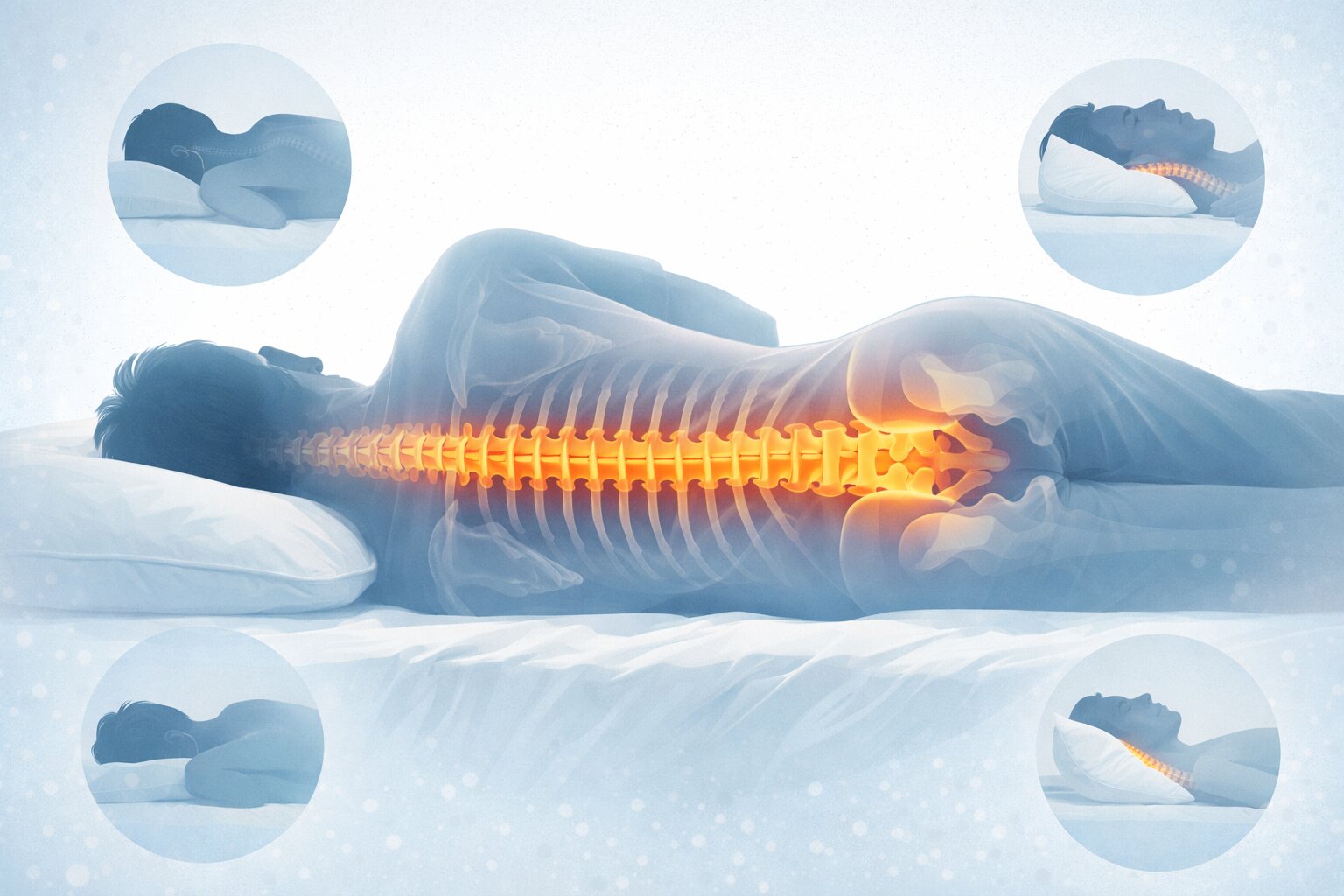 Ilustrasi tulang belakang dan posisi tidur yang dapat memicu nyeri punggung