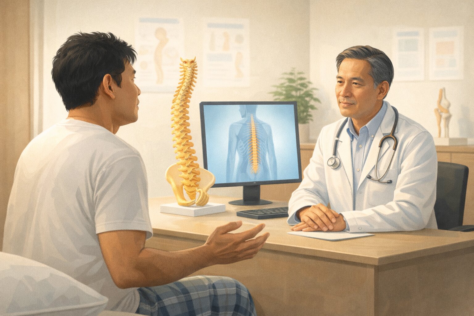 Pasien berkonsultasi dengan dokter spesialis ortopedi mengenai nyeri punggung