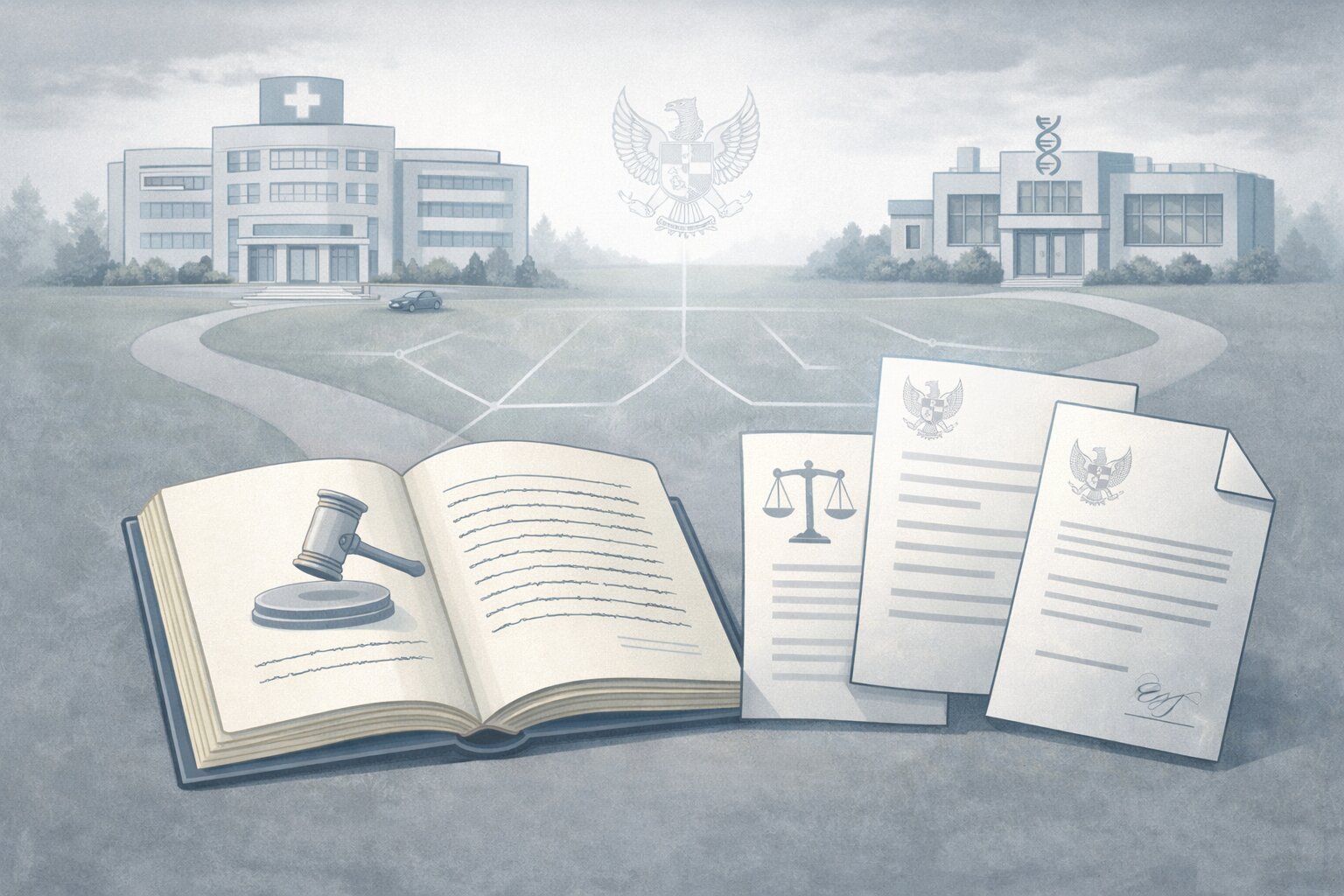 Ilustrasi buku regulasi dan ikon dokumen resmi yang terhubung dengan rumah sakit dan fasilitas laboratorium.
